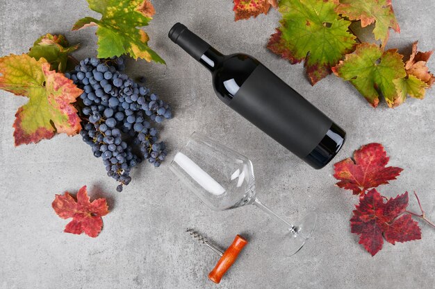 Red wine bottle with black label mockup with bunch of grape green and red fall grapes leaves on gray