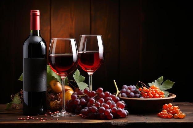 素朴な木のテーブルの上にグラスとブドウが入った赤ワインのボトル 生成 AI