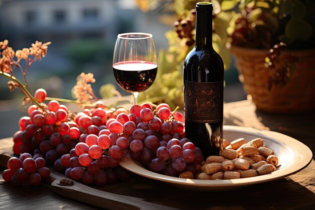 Red wine bottle with glasses and red grapes product of winery harvest advertising concept