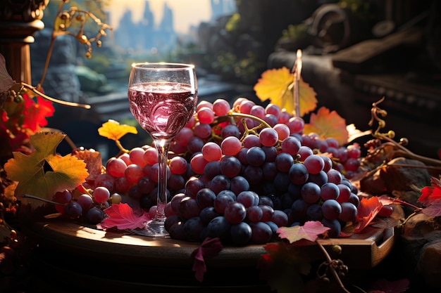 赤ワインのボトル グラスと赤いブドウ ワイナリーの収の製品 広告コンセプト