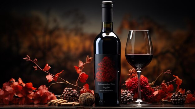 Photo red wine bottle with grapes and flowers in the background wine bottle with glass