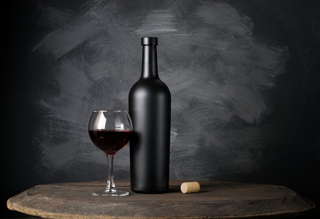 Red wine bottle on wood