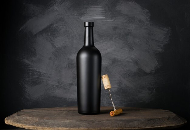 Red wine bottle on a wooden background