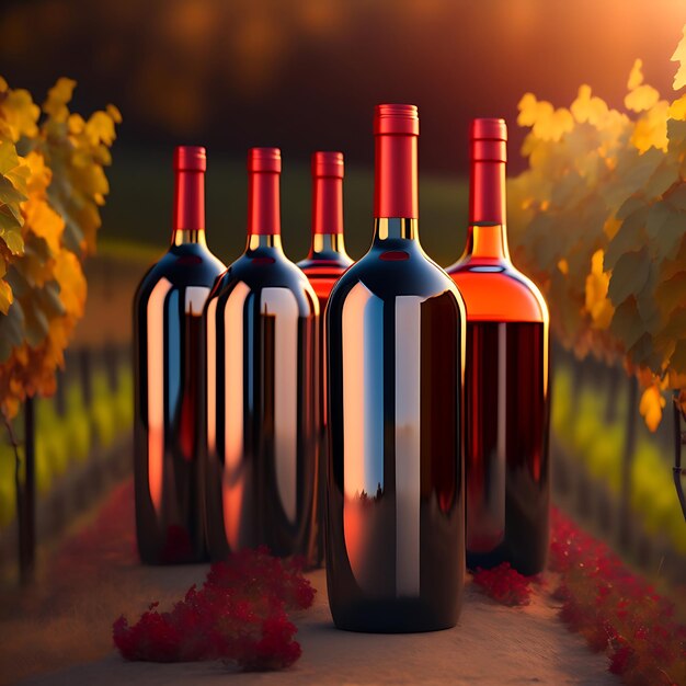 Фото Бутылки красного вина подряд бокал винодельни вино алкогольные напитки из виноградника