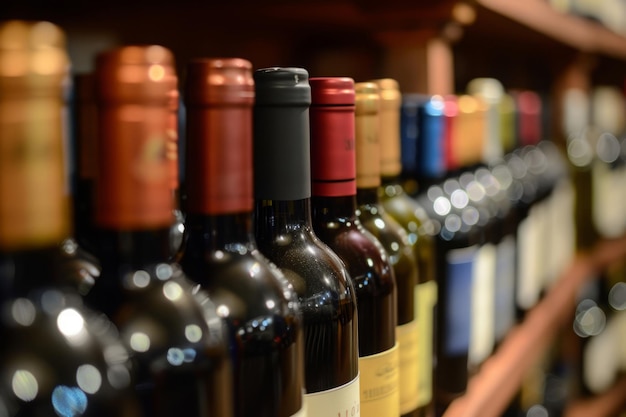 Red wine bottles in a row on shelf in store