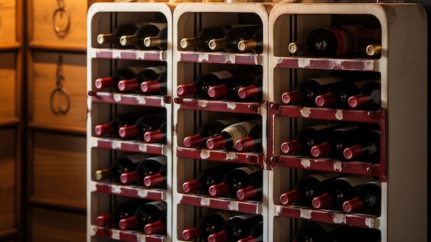 Red wine bottles stacked on metal racks collection of wine