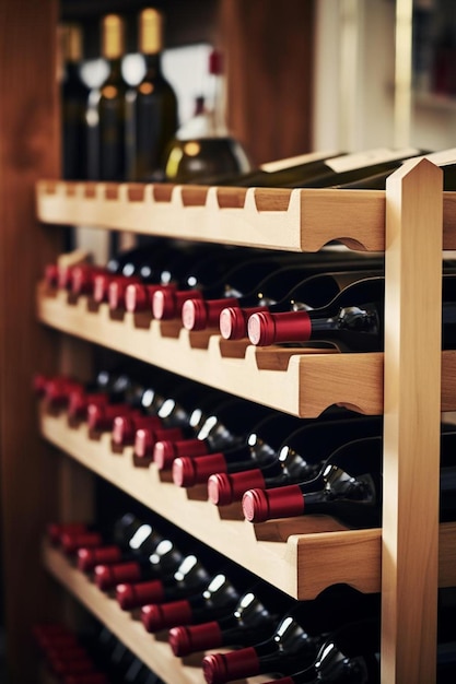 Photo red wine bottles stacked on wooden racks shot with limited depth of field