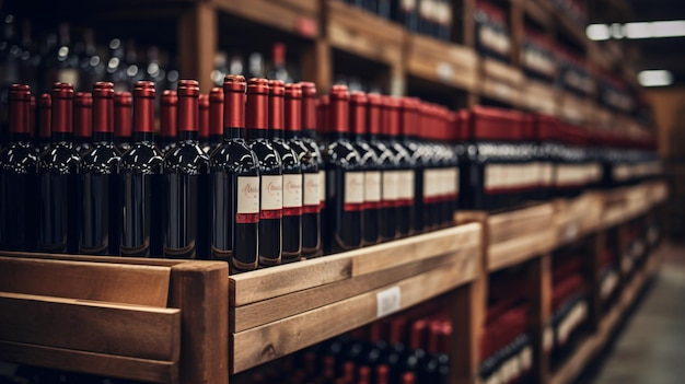 Red wine bottles stacked on wooden racks