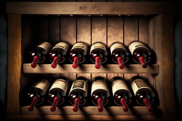 Red wine bottles on a wooden rack