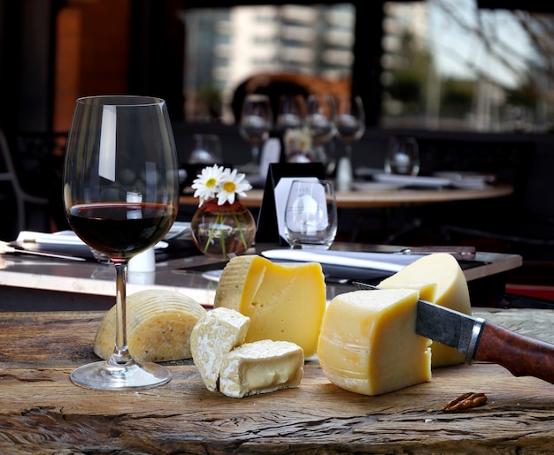 Red wine and cheese board in the restaurant