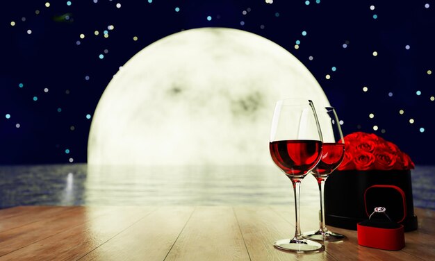 Photo red wine in clear glass on the shiny wooden deck romantic scene couple for a marriage proposal bouquet of roses diamond ring background full moon night nature reflections on sea 3d rendering