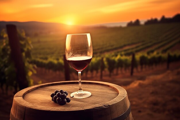 Красный бокал для вина на фоне виноградника