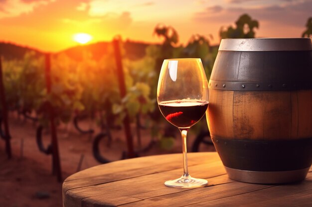 Red Wine Glass Against Vineyard Background