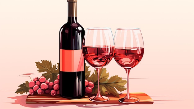 Фото Стакан красного вина и бутылка с красным вином на фоне виноградника