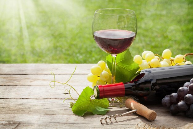 Red wine glass and bottle with bunch of grapes