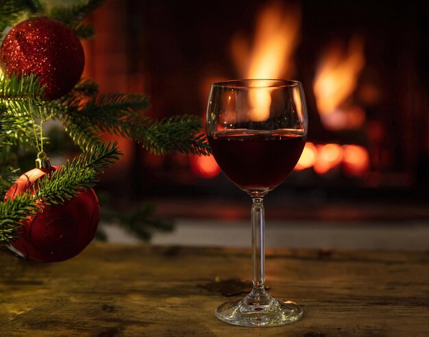 Decorazione dell'albero di natale sullo sfondo del camino che brucia il bicchiere di vino rosso