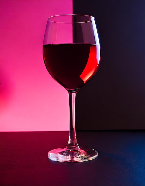 Red wine in a glass on dark pink and black neon background wineglasses romantic drink