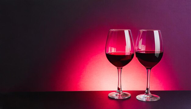 Photo red wine in a glass on dark pink and black neon background wineglasses romantic drink