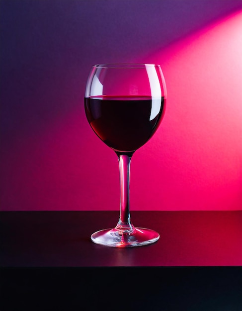 Red wine in a glass on dark pink and black neon background wineglasses romantic drink