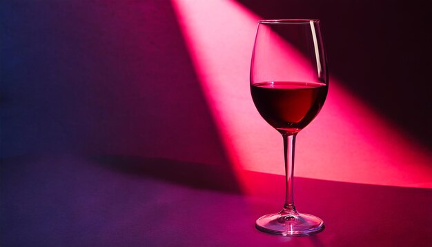 Red wine in a glass on dark pink and black neon background wineglasses romantic drink