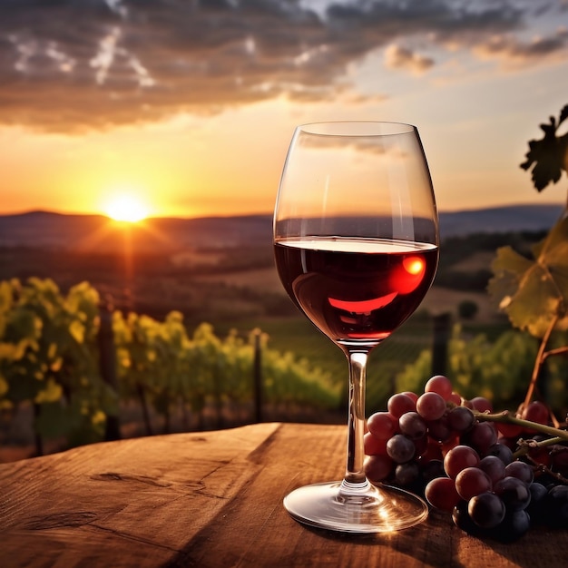 red wine on glass at evening vineyard landscape