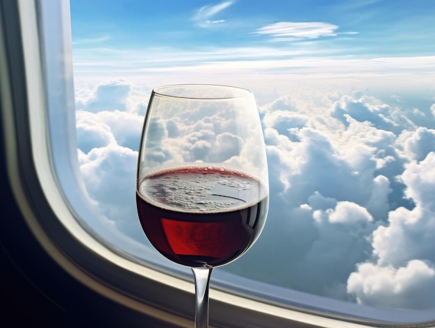 Red wine in a glass in front of an airplane window