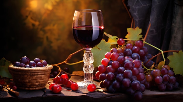 Red wine glass Red wine background with grapes