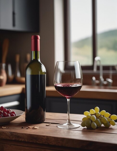 Photo red wine in a glass on rustic kitchen table