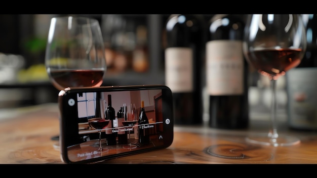 Foto vino rosso in un bicchiere uno smartphone è posto sul tavolo