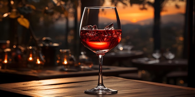 美しい景色のテーブルにあるグラスの中の赤ワイン
