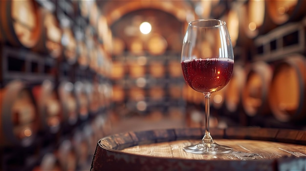 Красное вино на деревянной бочке в старом винном зале с множеством размытых бочек на заднем плане