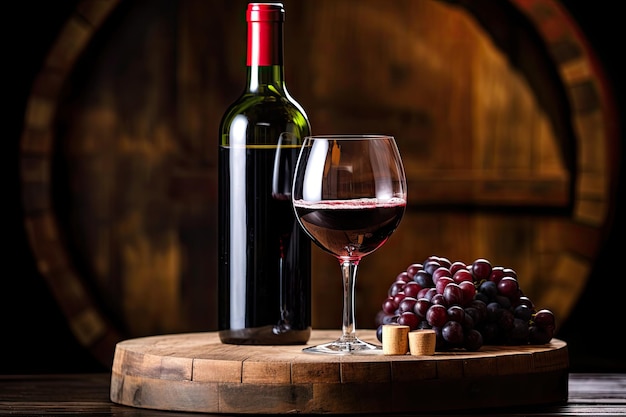 Красное вино и бокал на деревянной бочке