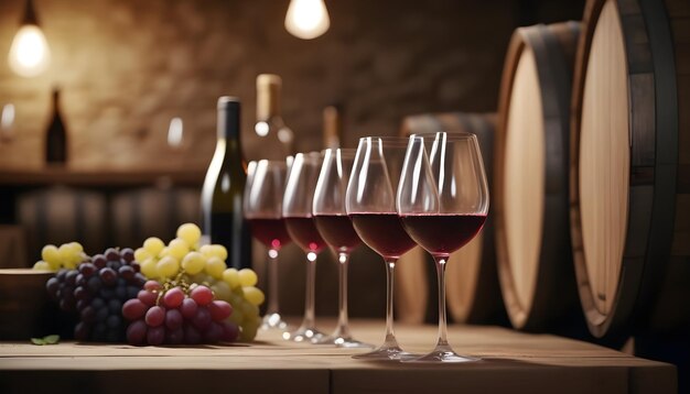 Red wine glasses grapes wine bottles and barrels