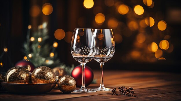 Foto bicchieri di vino rosso con luci di natale sul tavolo di legno