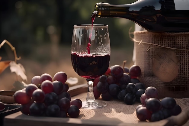 Red wine is poured into a glass from a bottle grapes on a wooden table Generative AI 1