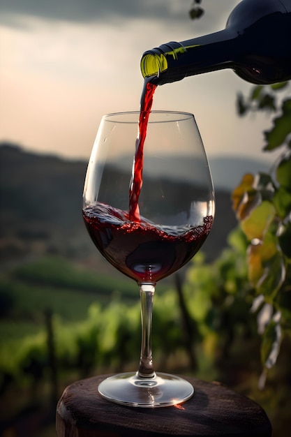 Red wine is pouring into a glass from a bottle with a vineyard view Generative AI 44