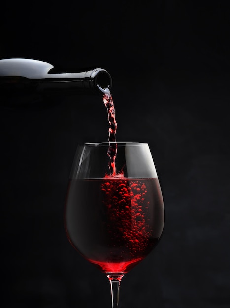 red wine pouring from bottle to wine glass on black background isolated