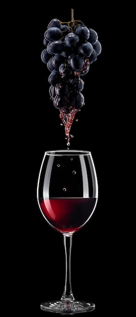 黒い背景に隔離されたブドウの束からグラスに注ぐ赤ワイン