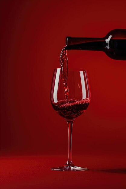 Red wine pouring into glass with splash against red background