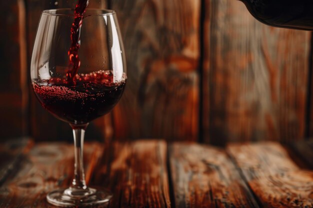 Photo red wine pouring into glass on wooden background