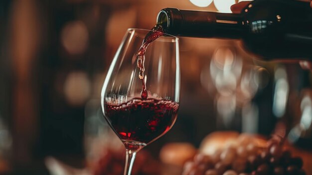 Red wine pouring into wine glass closeup