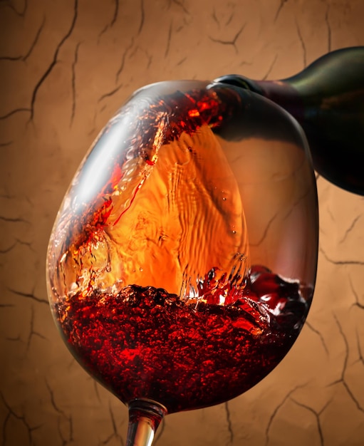Красное вино льется в бокал на глиняном фоне