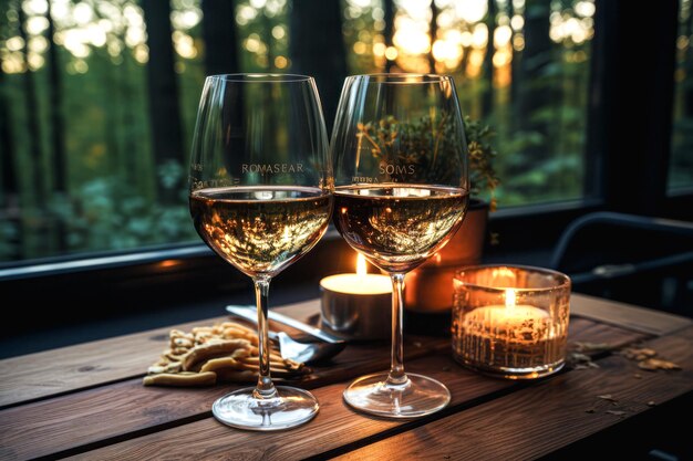 Red wine served with cheese and grapes on wooden table