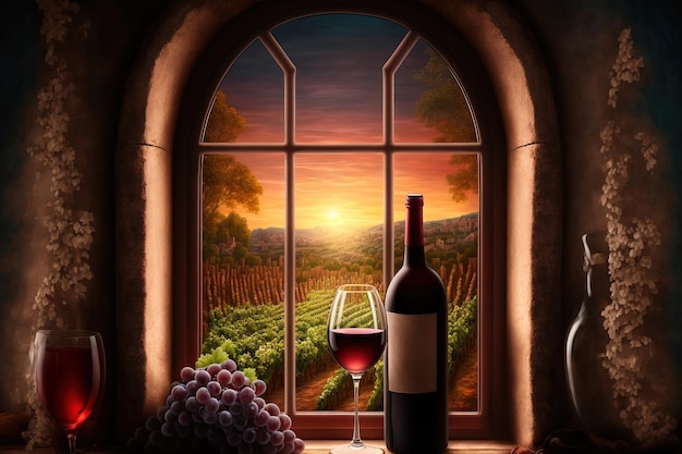 Red wine tasting in the cellar with a sunset view of the vineyards a wineglass and bottles