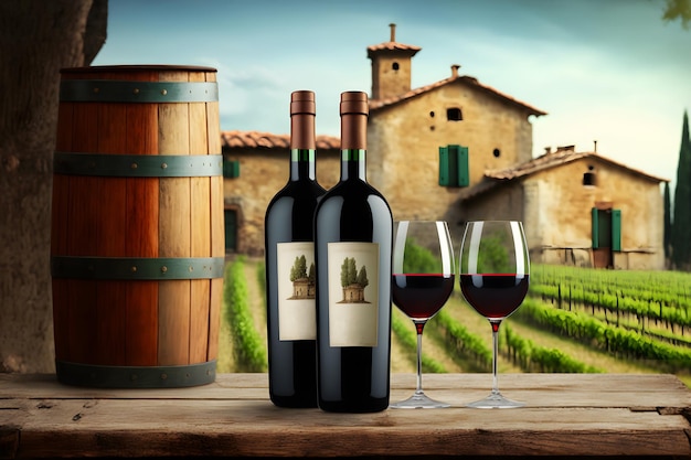 Дегустация красного вина в винном погребе, бокал и бутылки рядом с окном Нейронная сеть сгенерировала искусство