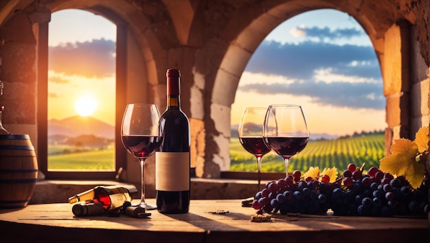 Photo red wine tasting in the wine cellar wineglass and bottles next to the window and panoramic