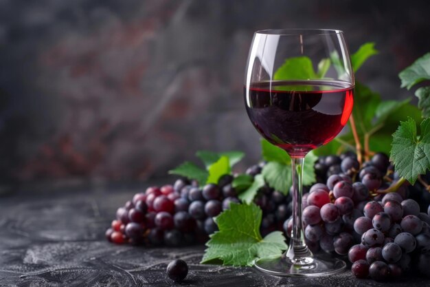 Red wine in a wine glass with grapes and leaves on a table