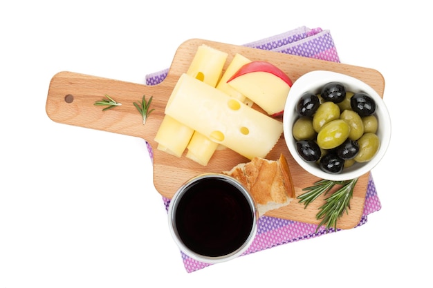 Red wine with cheese bread olives and spices