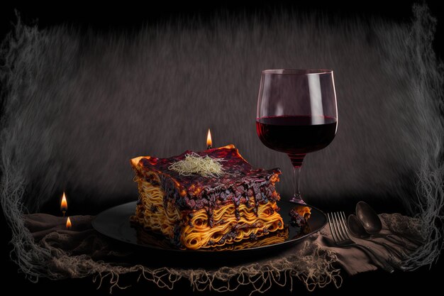 Red wine with a nice hot piece of lasagna selective attention