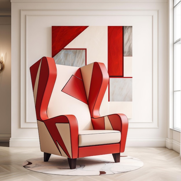 Foto sedia wingback rossa e divano bianco in una stanza luminosa design d'interni in stile suprematismo di una stanza moderna